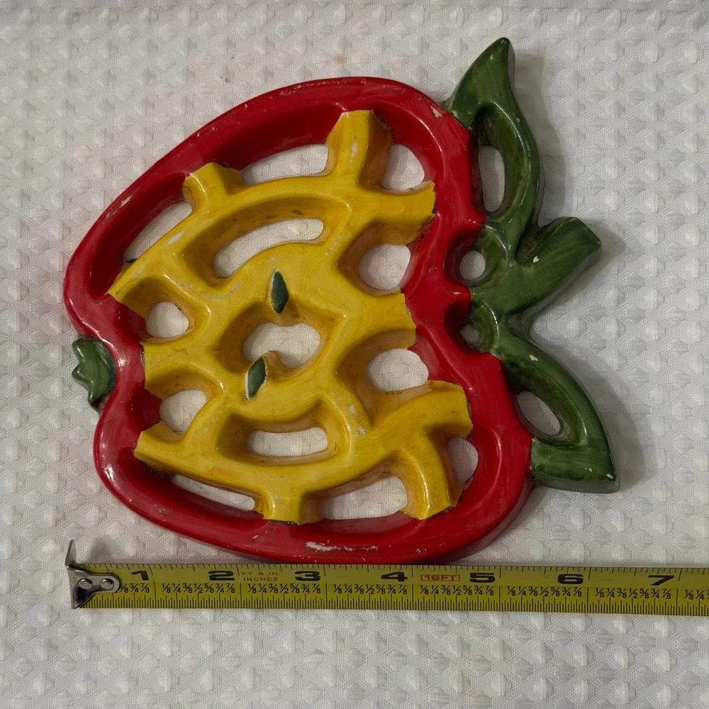 Vintage Cast Iron Apple Trivet Red Yellow Green Painted Lattice Kitchen Decor
